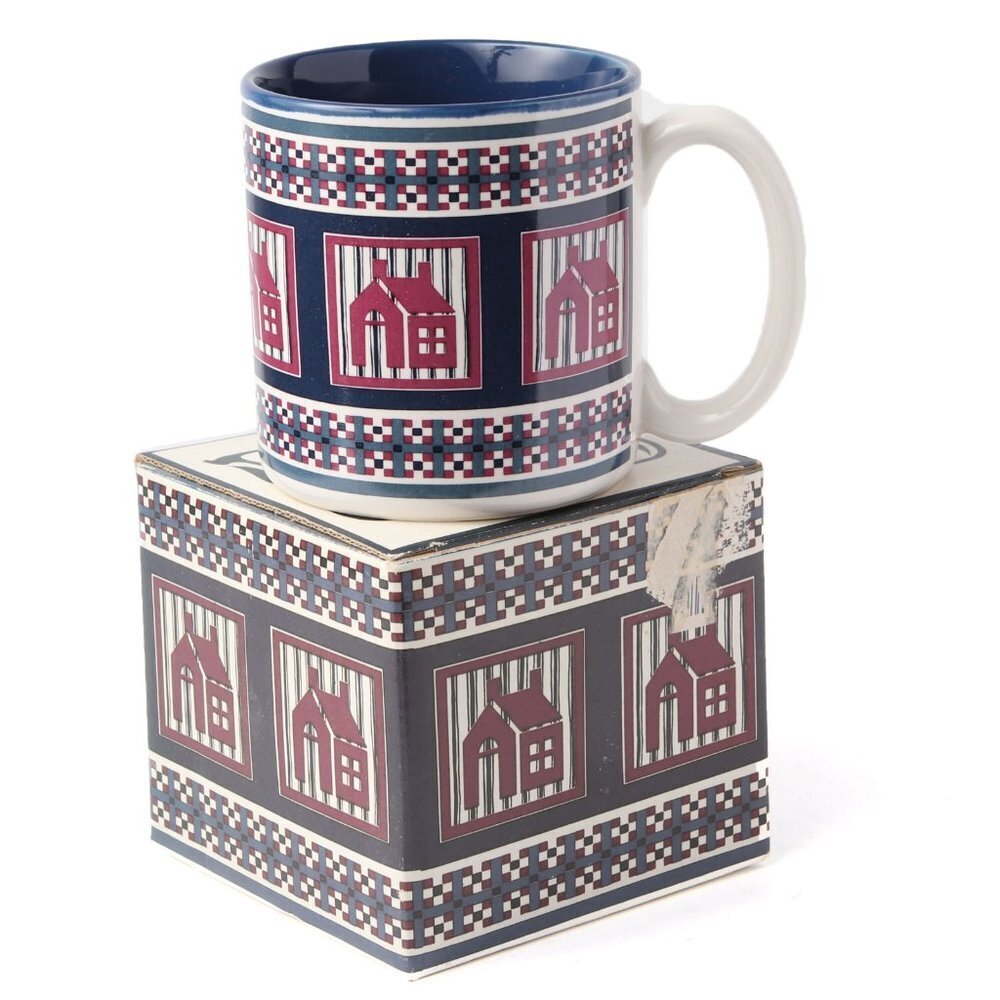 Vintage 1991 Potpourri Press School House Coffee Mug Ceramic Navy Maroon Retro